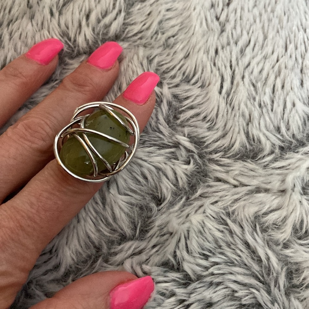 Statement Ring Large Green Stone In Silver Wire S… - image 2